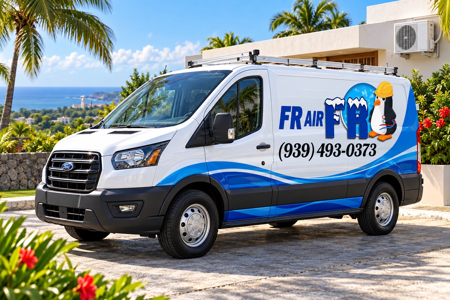 Ilustración de una guagua con la marca de FR Air en Puerto Rico
