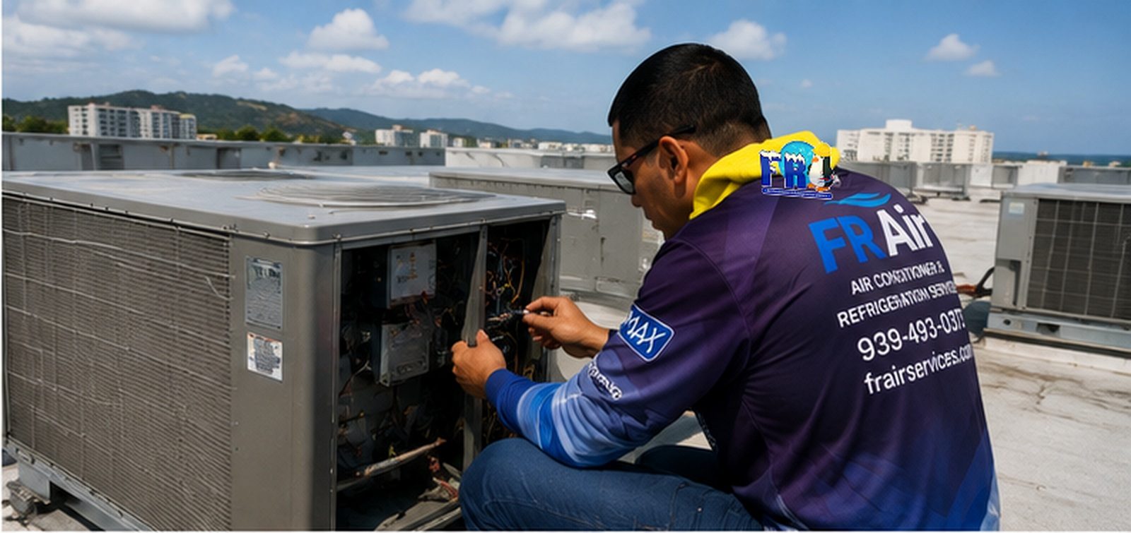 Ilustración de un técnico dando servicio a una unidad comercial en el techo