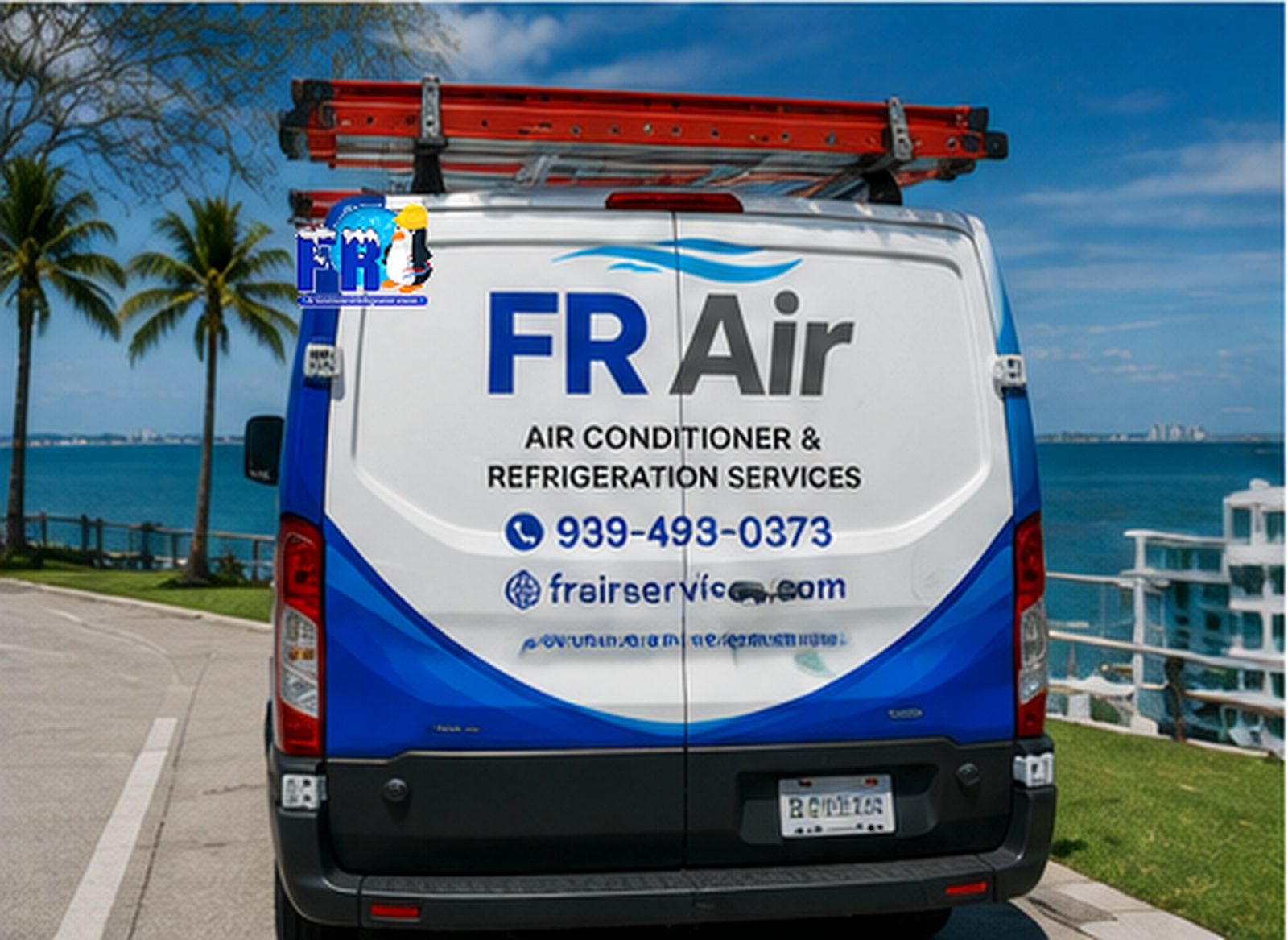 Ilustración: La guagua rotulada de FR Air estacionada frente a la costa