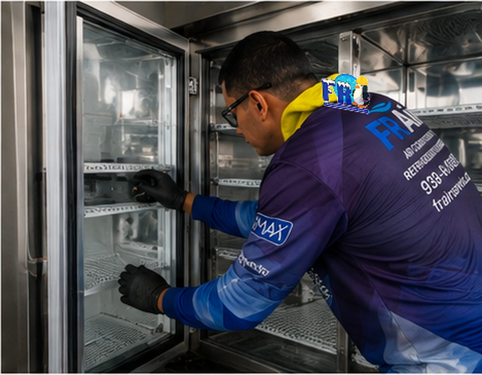 Ilustración de un técnico dando servicio a un walk-in cooler